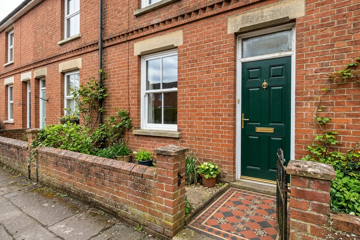 Dark green composite front door with a fanlight on a red brick terraced house