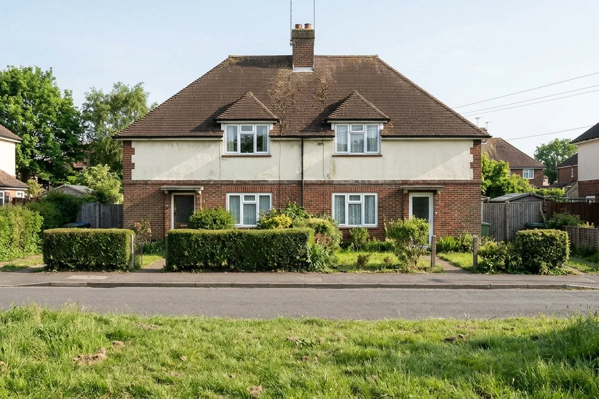 Pair of 1920s brick and render semi-detached cottages with white casement windows, two set in roof dormers, behind low hedges