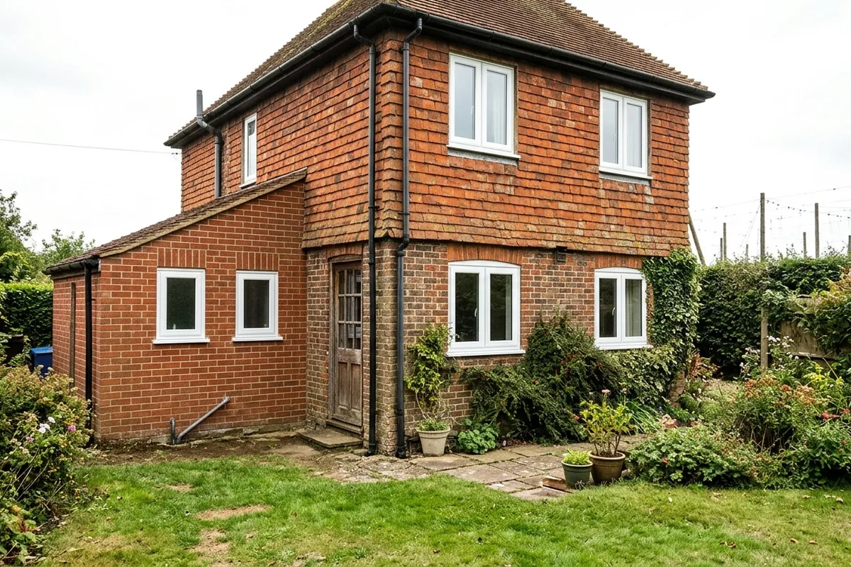 Back of a tile-hung brick cottage with all its windows replaced by new white casements