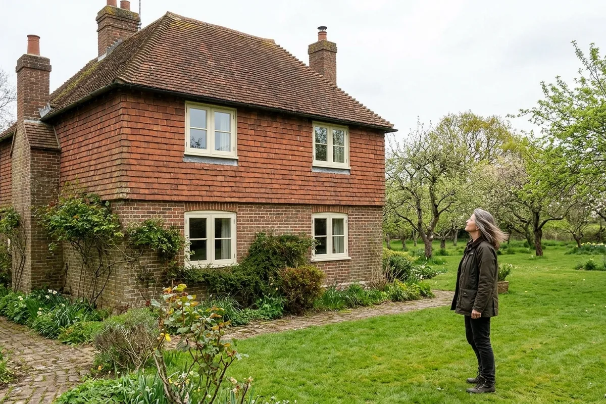 Homeowner looking up at painted timber casement windows on a tile-hung cottage