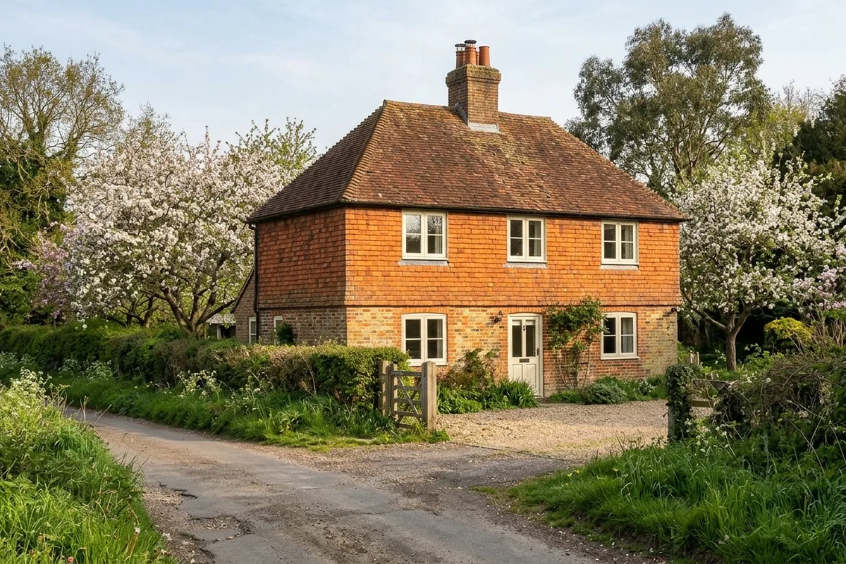 Brick cottage with a tile-hung upper floor and cream casement windows among blossoming fruit trees