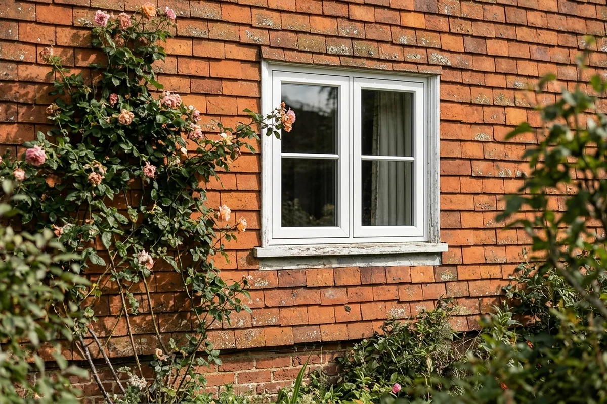 White flush casement window on the tile-hung first floor of a Kent cottage