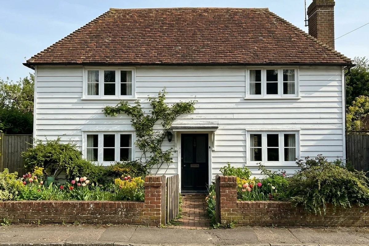 White weatherboarded cottage with four white casement windows behind a low brick garden wall