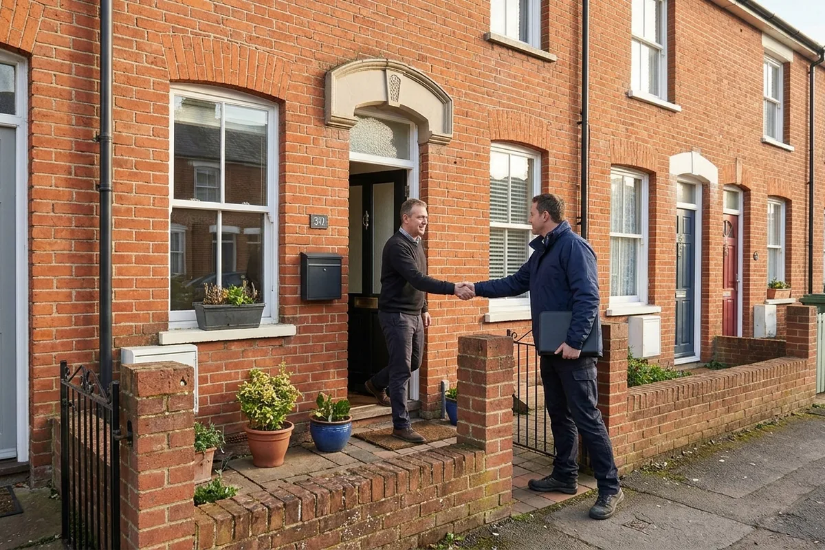 Homeowner shaking hands with a surveyor carrying a folder at the open front door of a red brick terraced house