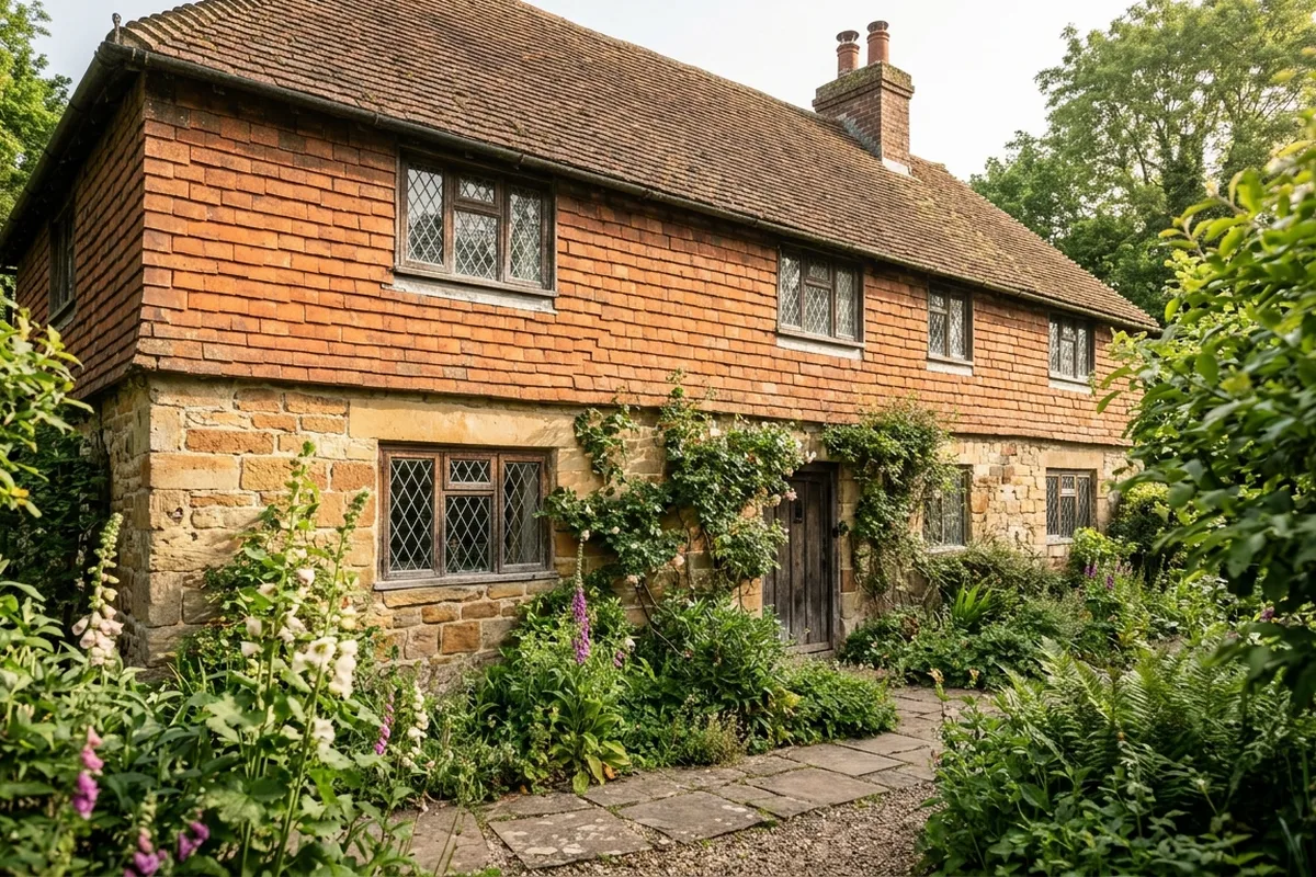 Cottage with a sandstone ground floor, tile-hung upper floor and leaded casement windows
