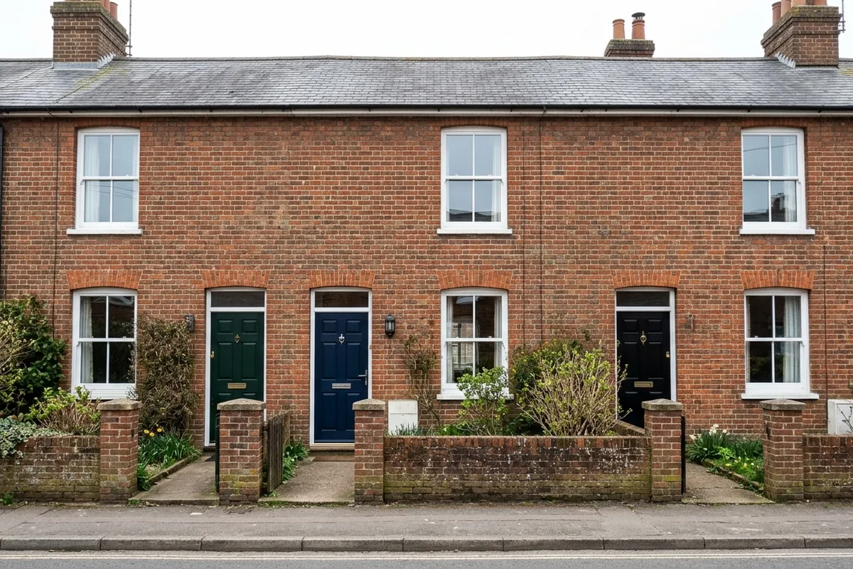 Close view of three red brick Victorian terraced cottages, typical of Tonbridge, with white sash windows
